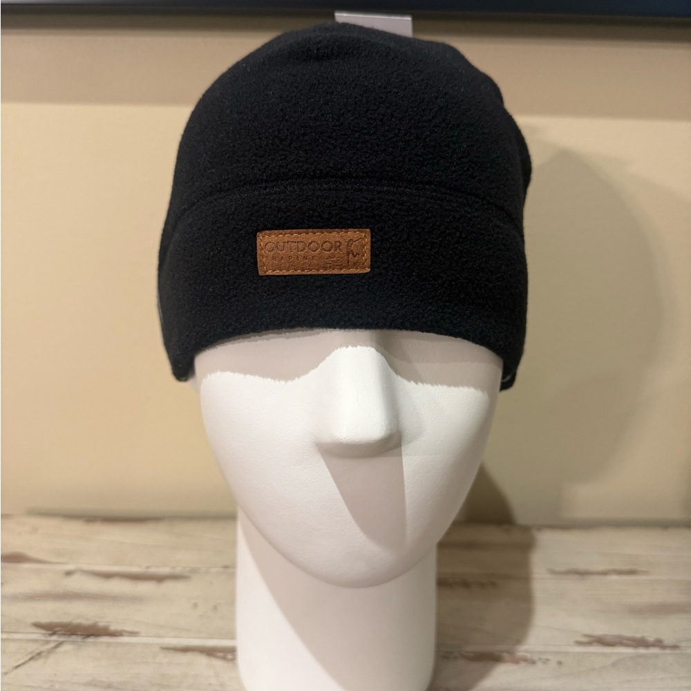 Black Fleece Beanie with Brown Patch